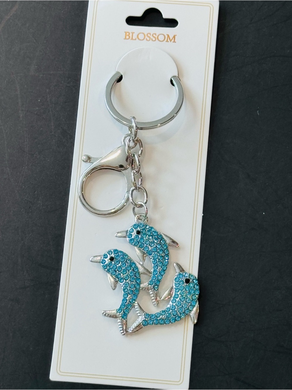 Blossom Rhinestone Trio Dolphin Keychain Bag Charm Silver / Blue NWT
